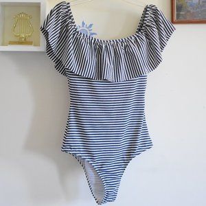 Primark Navy & White Striped Off the Shoulder One Piece Swimsuit